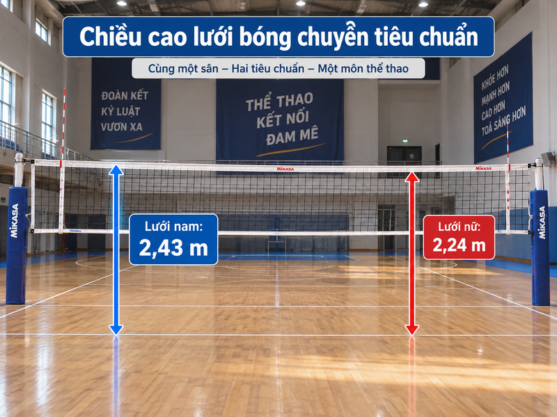 Lưới bóng chuyền cao 2,43 m với nam và 2,24 m với nữ theo tiêu chuẩn thi đấu. 