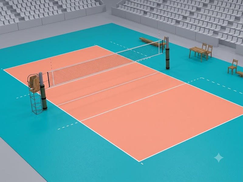 Thiết kế sân bóng chuyền hoàn chỉnh cần tính cả sân 18 x 9 m và vùng an toàn xung quanh. 