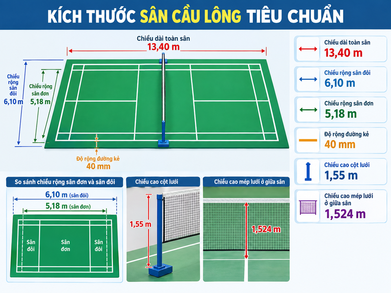 Kích thước sân cầu lông tiêu chuẩn: Số đo và lưu ý cần biết 