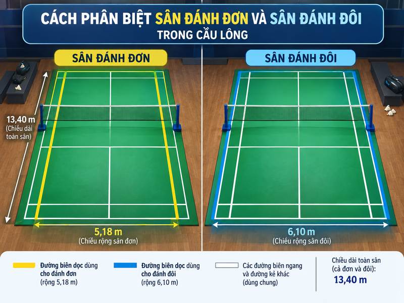 Cách đơn giản để phân biệt sân đơn và sân đôi là quan sát hai cặp đường biên dọc ở hai bên cánh sân. 