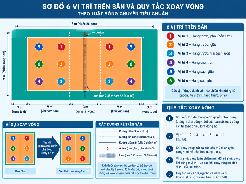 Sơ đồ 6 vị trí trên sân và quy tắc xoay vòng theo luật bóng chuyền tiêu chuẩn.